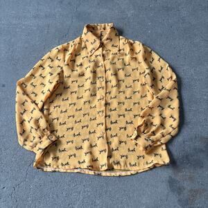 Vintage 70s Horse Racing Shirt Womens S Yellow Button Up Harness Buggy Monogram